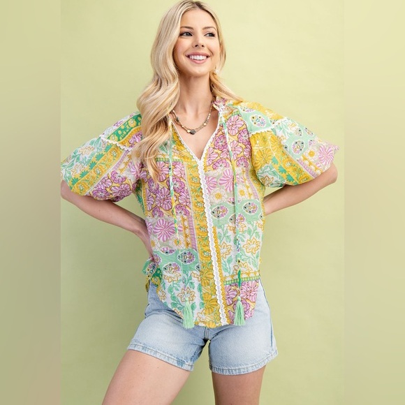 Mint green yellow floral mixed media embroidered ruffle stitched top blouse - Picture 1 of 6